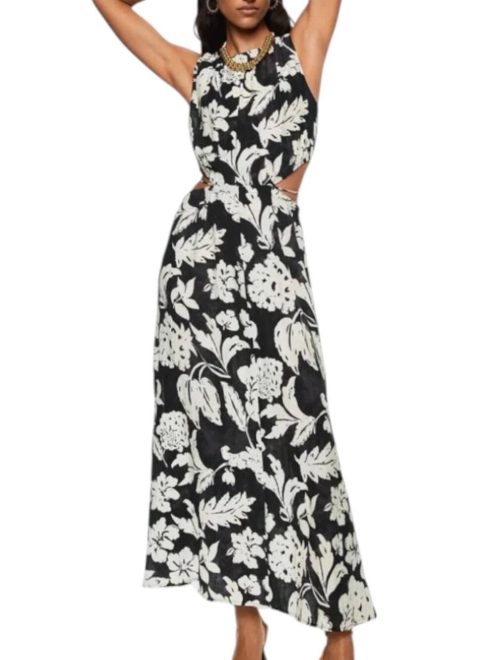 MNG Mango Willow Side Cut Out Maxi Dress Crinkle Floral Black Gray 4